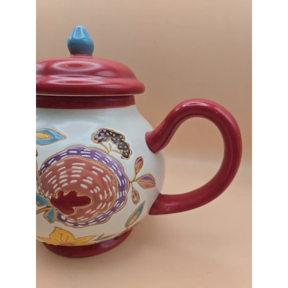 Floral Red TeaPot. Dutch Wax Ceramic with lid. Bright. Colors 7.25